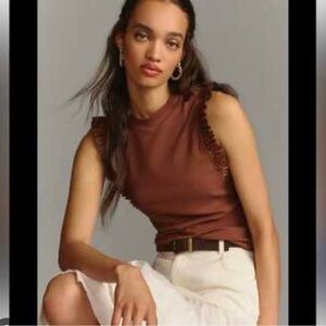 Sunday in Brooklyn Ribbed Tank Top Medium Brown Faux Leather Ruffle Feminine